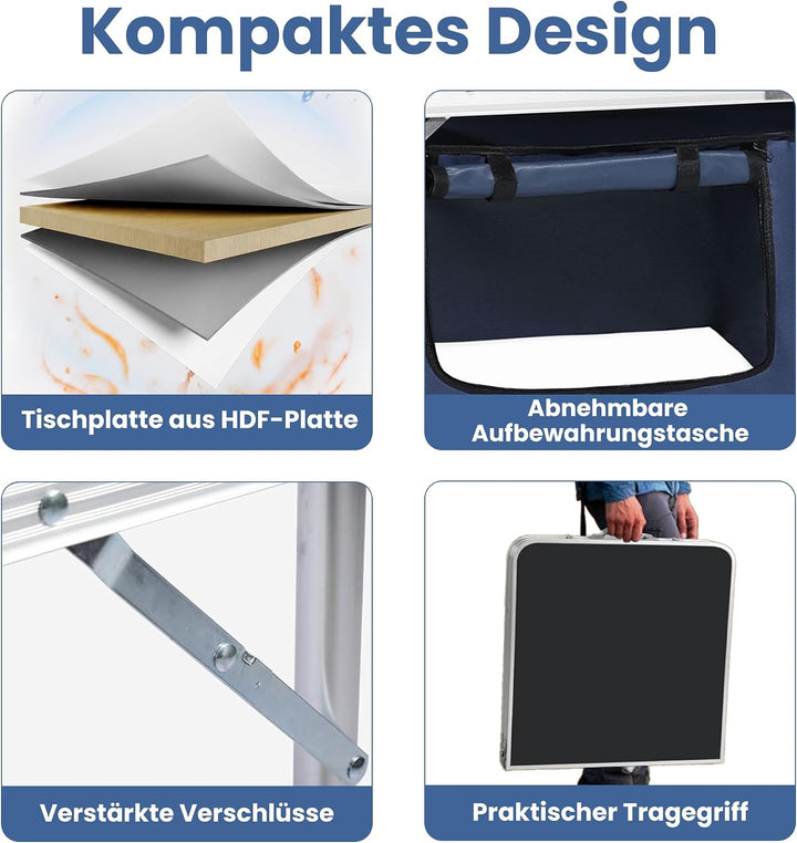 Campingküche faltbar, Leicht Campingschrank mit Aluminiumgestell, Campingtisch Klappbar mit Staufach