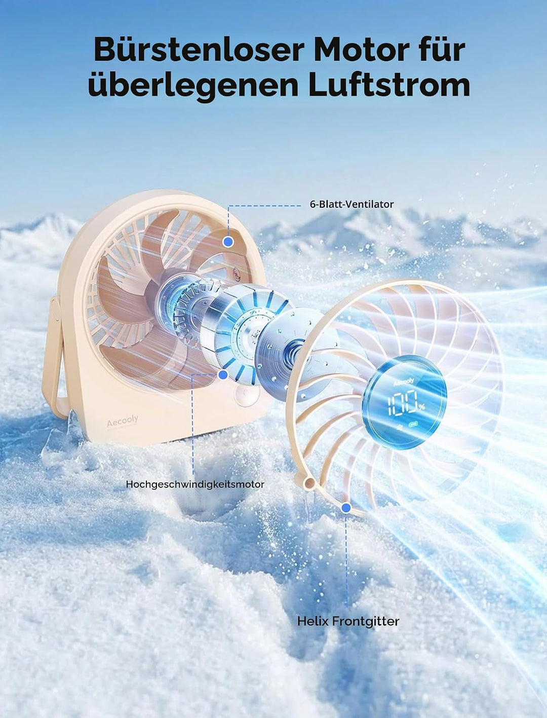 Aecooly Mini Ventilator Tischmodell, Usb-Geladen 4 Windstufen Leise Akku-Ventilator, 10 Stunden Akku