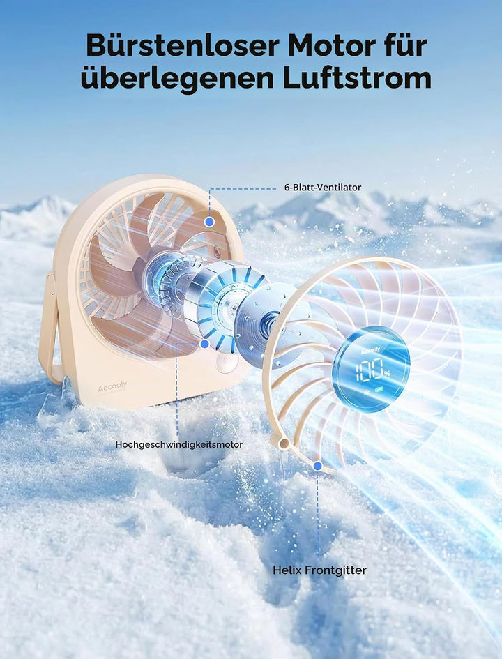Aecooly Mini Ventilator Tischmodell, Usb-Geladen 4 Windstufen Leise Akku-Ventilator, 10 Stunden Akku