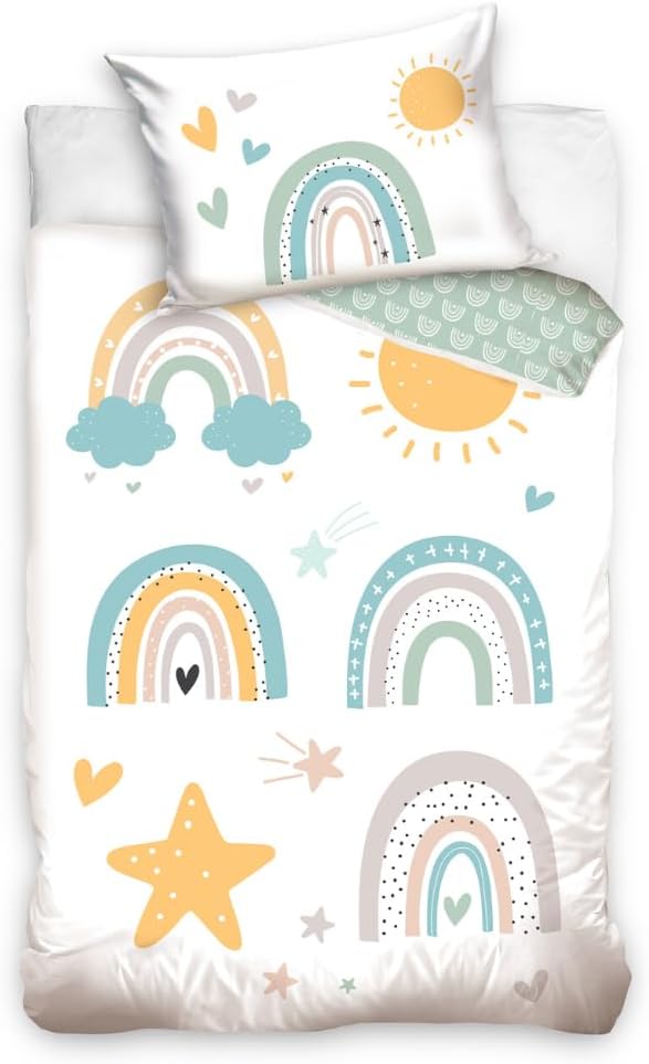 Kinderbettwäsche 100x135 aus 100% Baumwolle - Bettwäsche für Kinder & Baby Regenbogen, Sonne - Fröhl