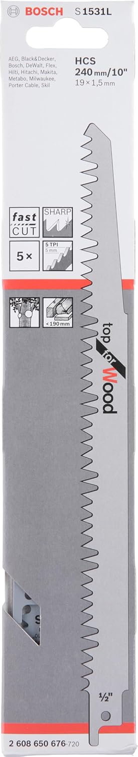 Bosch Accessories Bosch Professional 5x Säbelsägeblatt S 1531 L (für Brennholz, Grünholz, Weichholz,