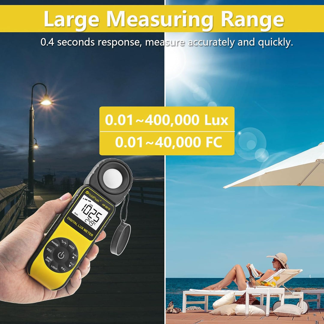 HoldPeak 881D Digitales Lichtmessgerät, Reichweite bis zu 0.01–400.000 Lux (1–40.000 FC), Datenspeic