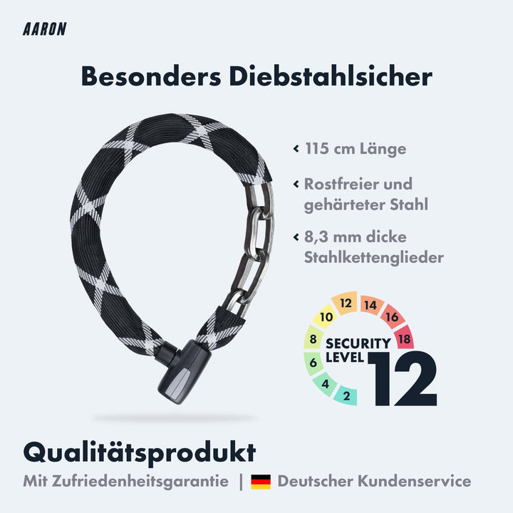 AARON Tank Fahrradschloss mit Schlüssel, 115cm langes, massives Kettenschloss aus Stahl und hoher Si