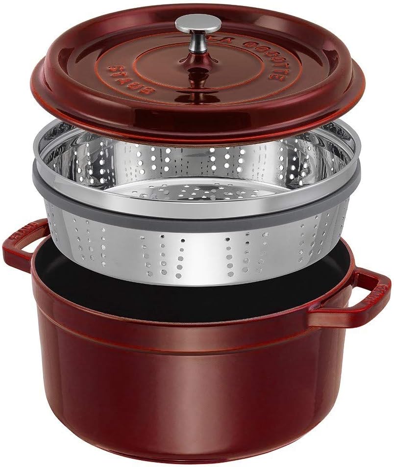 STAUB Gusseisen Bräter/Cocotte, mit Dämpfeinsatz, Rund 26 cm, 5,2 L, Aromaregen Funktion, Für alle H