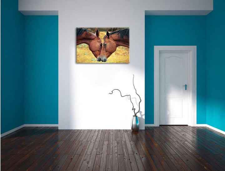 zwei schmusende Pferde, Format: 100x70 auf Leinwand, XXL riesige Bilder fertig gerahmt mit Keilrahme