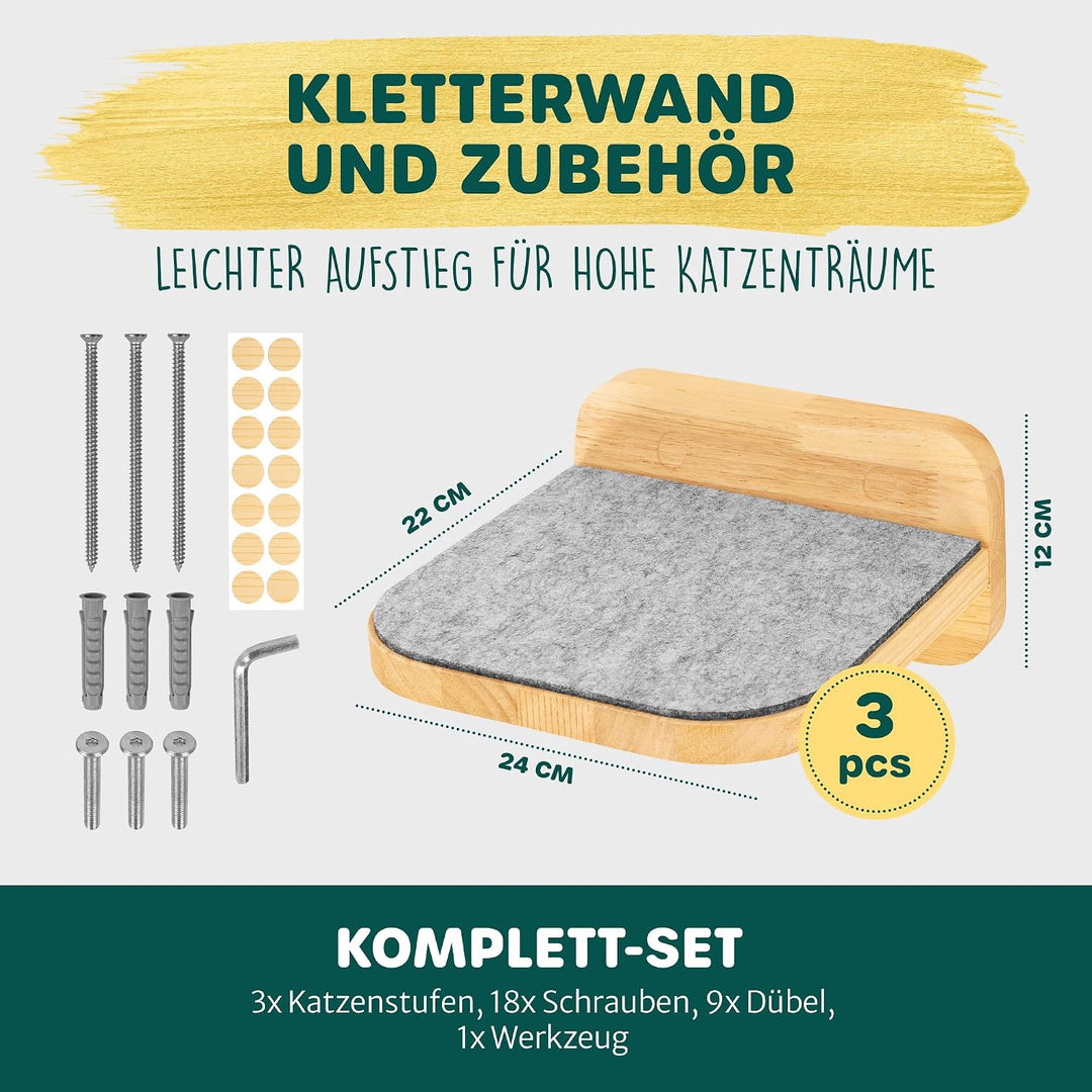 HAPPYPET Katzentreppen 3er-Set für Wandmontage - Nachhaltiges Hartholz, Designer Kletterwand Katzen,