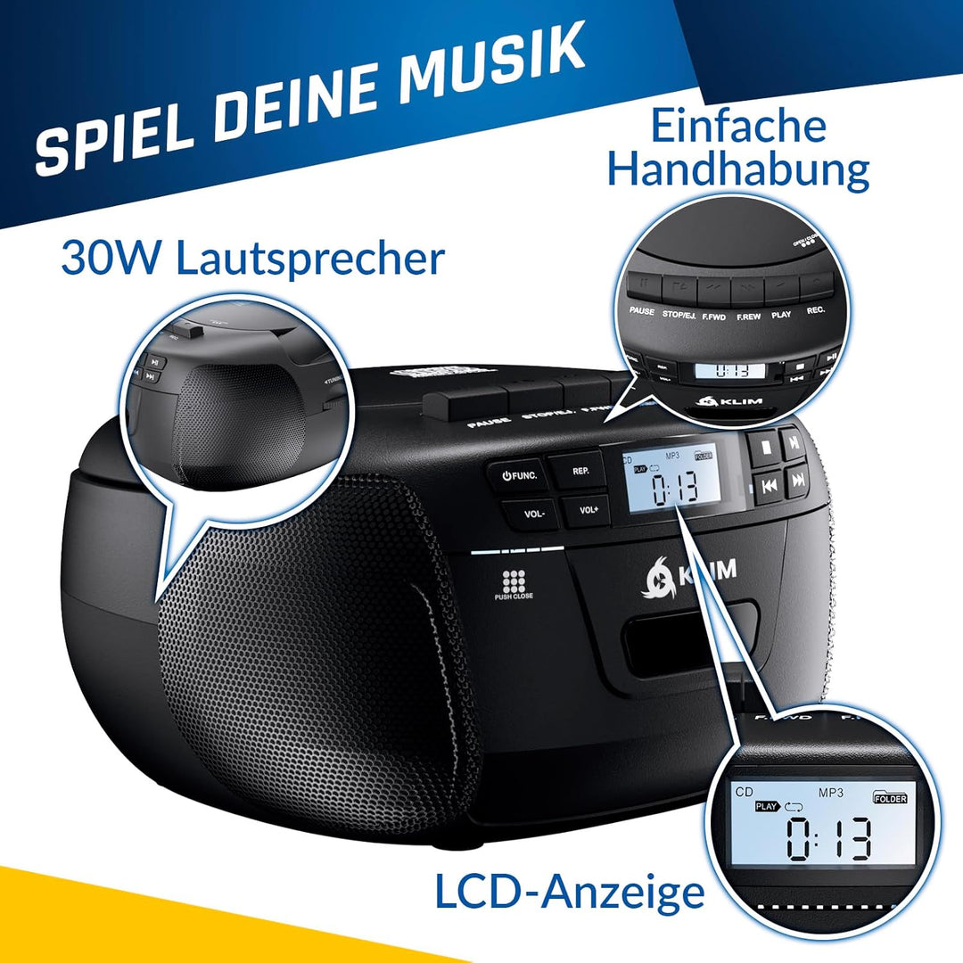 KLIM CD Player mit Kassette, Kassettenspieler, Kassettenrekorder, Radio mit CD und Kassette, CD Play