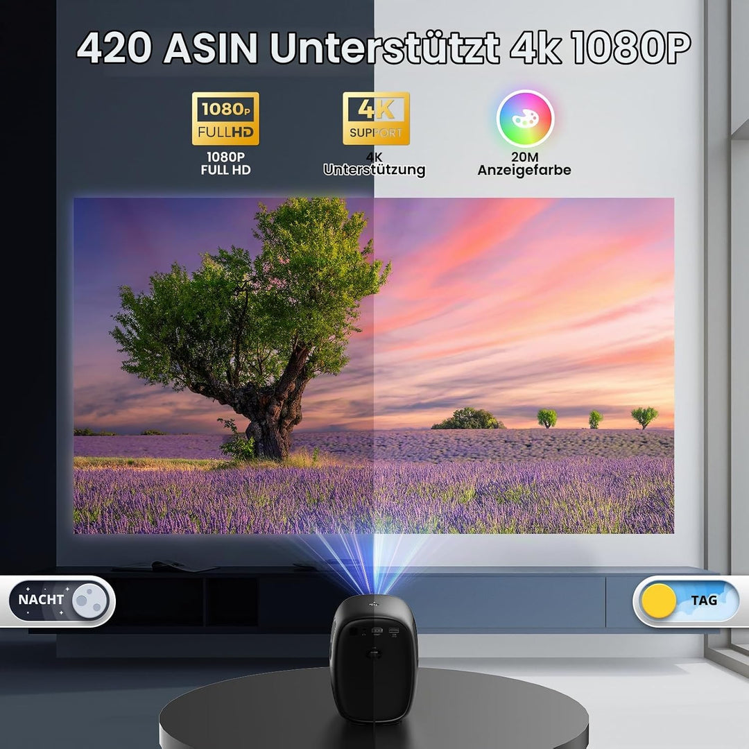 Smart Mini Beamer,1080p mit Beamer 4K, automatische trapezförmige Kompensation, mit WiFi 6 und Bluet