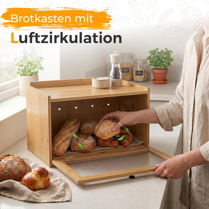 AH® Bambus Brotkasten holz mit Schneidebrett, Holz Brotkästen gross mit Belüftung- Elegant brotbox k