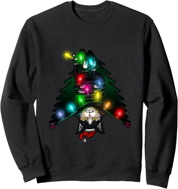Santa Black Cat verwirrt in Weihnachtsbaum Lichter Urlaub Sweatshirt