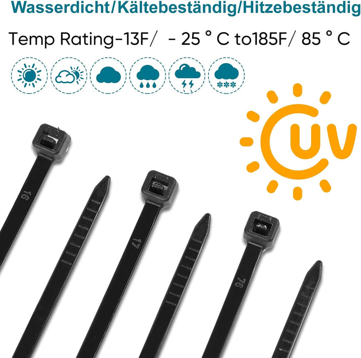 500 Stück Kabelbinder Schwarz, 200mm x 4,8mm Nylonbinder, Cable Ties Zugfestigkeit mit 22 kg, Uv Bes