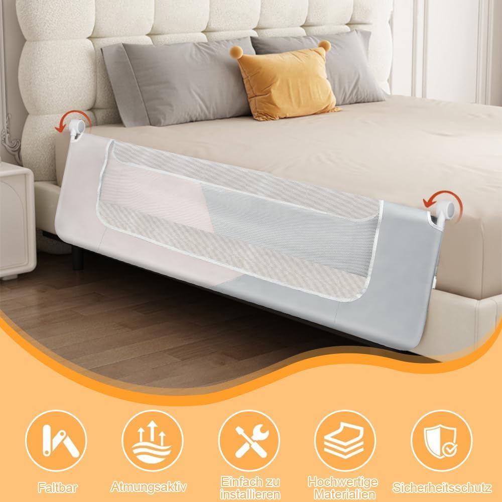 OHMG Bettgitter für Babys, 150 cm, faltbar, Sicherheitsbarriere für Kinder, tragbar, Bettgitter für