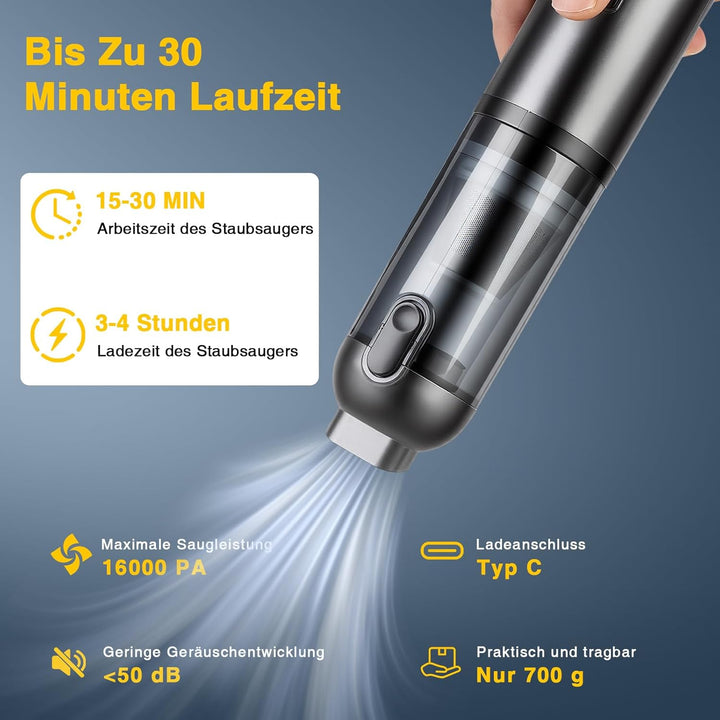 ERWEY Handstaubsauger, 16000Pa Akku Staubsauger Kabellos, 4-in-1 Multifunktionaler Autostaubsauger S