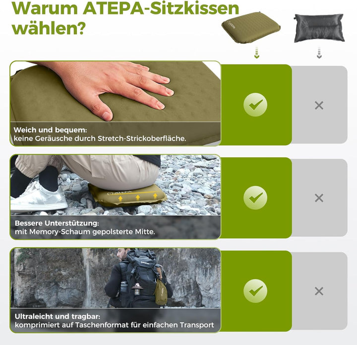 ATEPA Sitzkissen Outdoor, Faltbar Aufblasbar Stadion Flugzeug Unterwegs Camping Wander Bürostuhl Ult