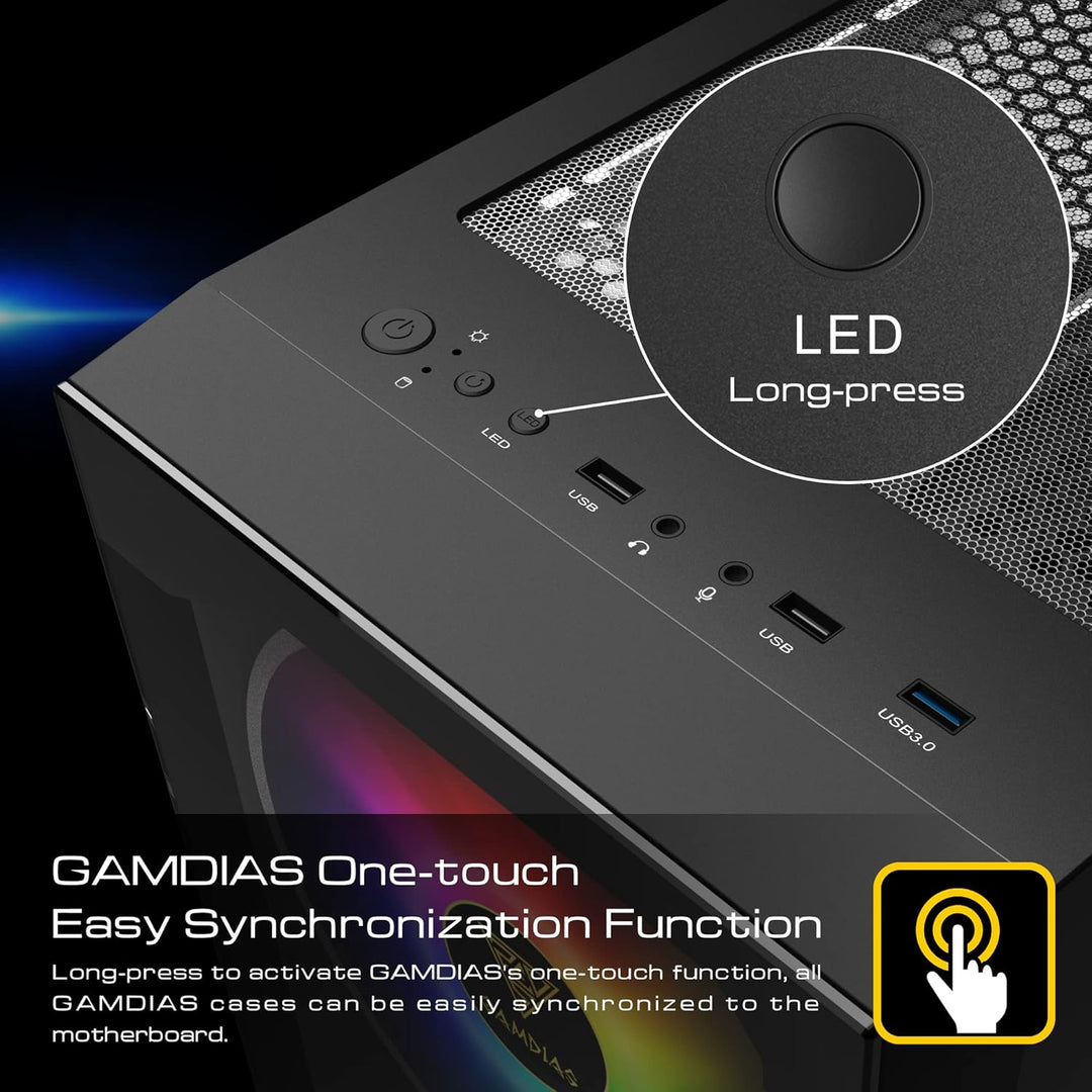 GAMDIAS Apollo E2 Elite Gaming-PC-Gehäuse, Mid-Tower-ATX-Gehäuse, gehärtete Glasscheibe, 3Dual einge