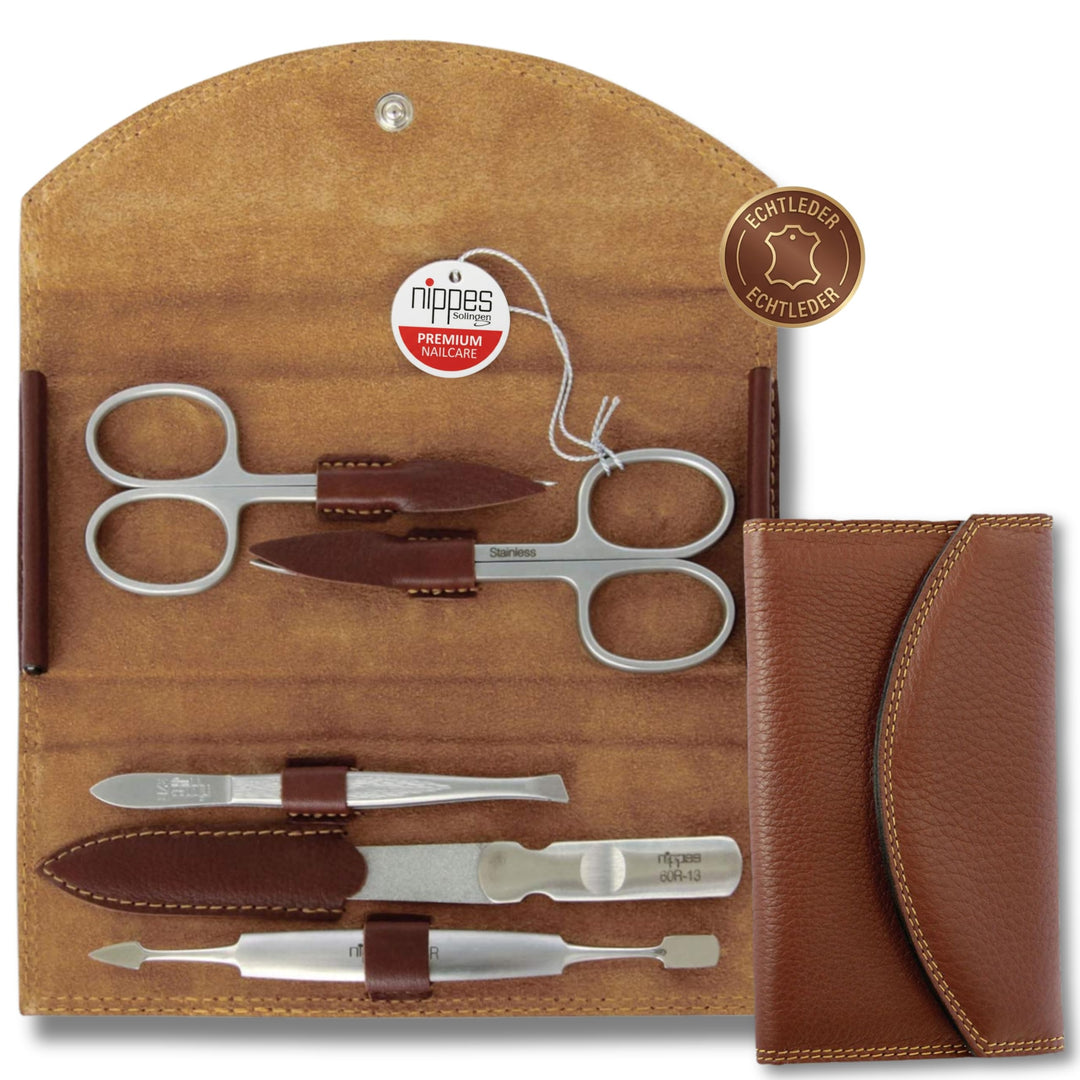 nippes Solingen Classic Premium-Maniküre Set, 5-teilig, Echtes Rindsleder-Nageletui, braun, Edelstah