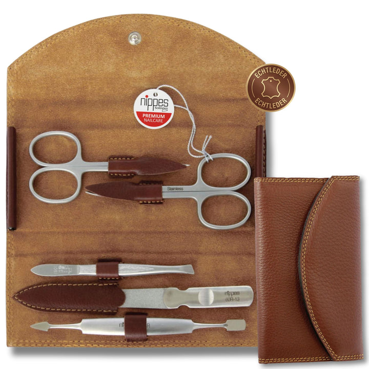 nippes Solingen Classic Premium-Maniküre Set, 5-teilig, Echtes Rindsleder-Nageletui, braun, Edelstah