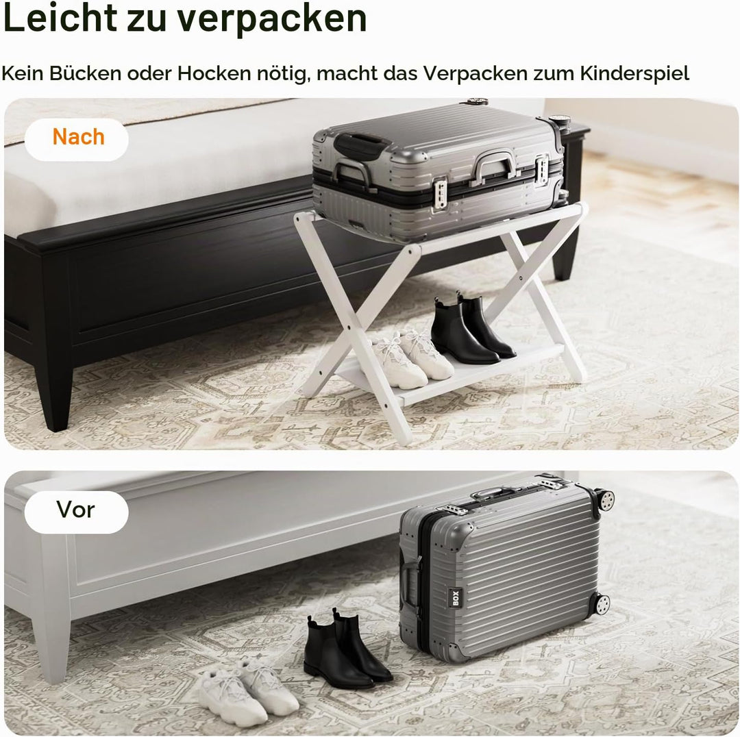 HITNET Kofferständer Klappbar 2er pack, Weiss Gepäckablage Faltbar aus Bambus für Gästezimmer, Koffe