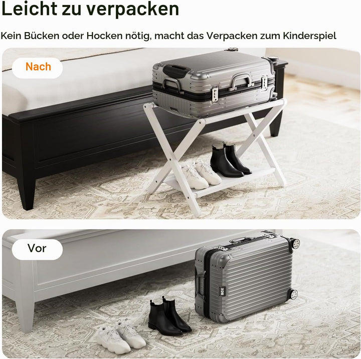 HITNET Kofferständer Klappbar 2er pack, Weiss Gepäckablage Faltbar aus Bambus für Gästezimmer, Koffe