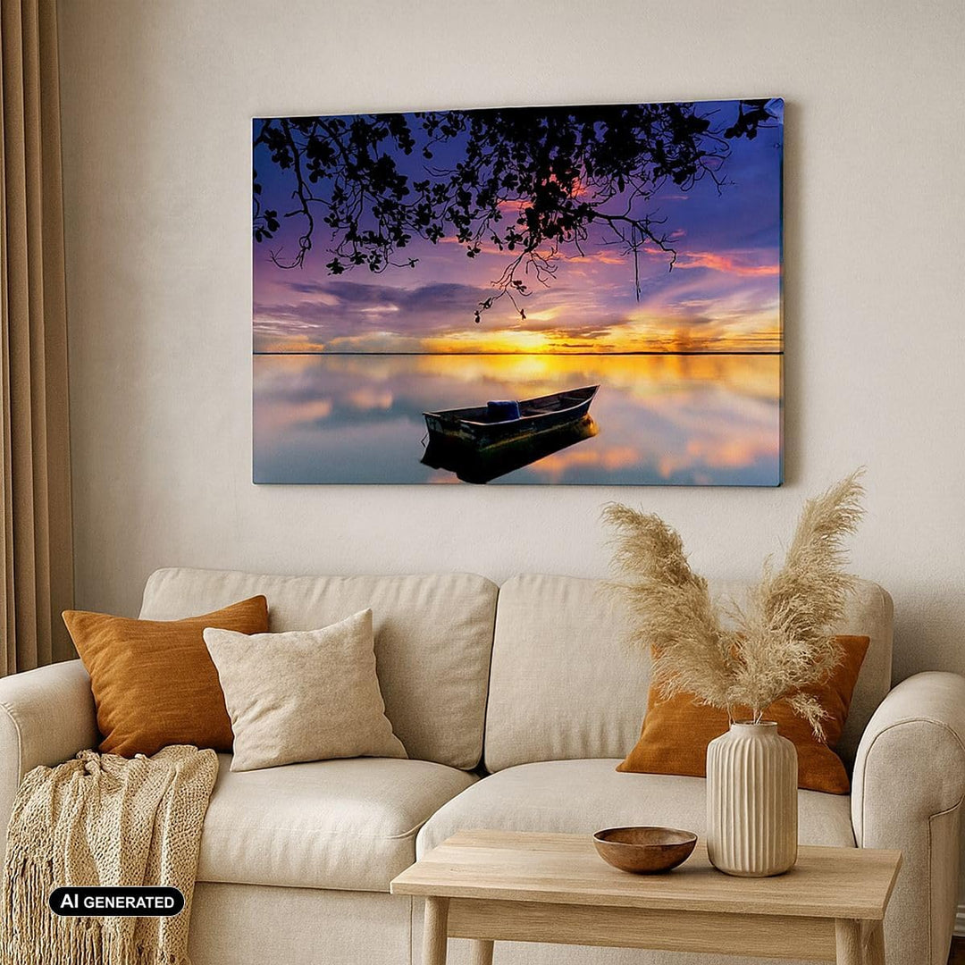 Bilder auf Leinwand 100x70cm Leinwandbild Boot Sonnenuntergang See Himmel Gross Wanddeko Bild Schlaf