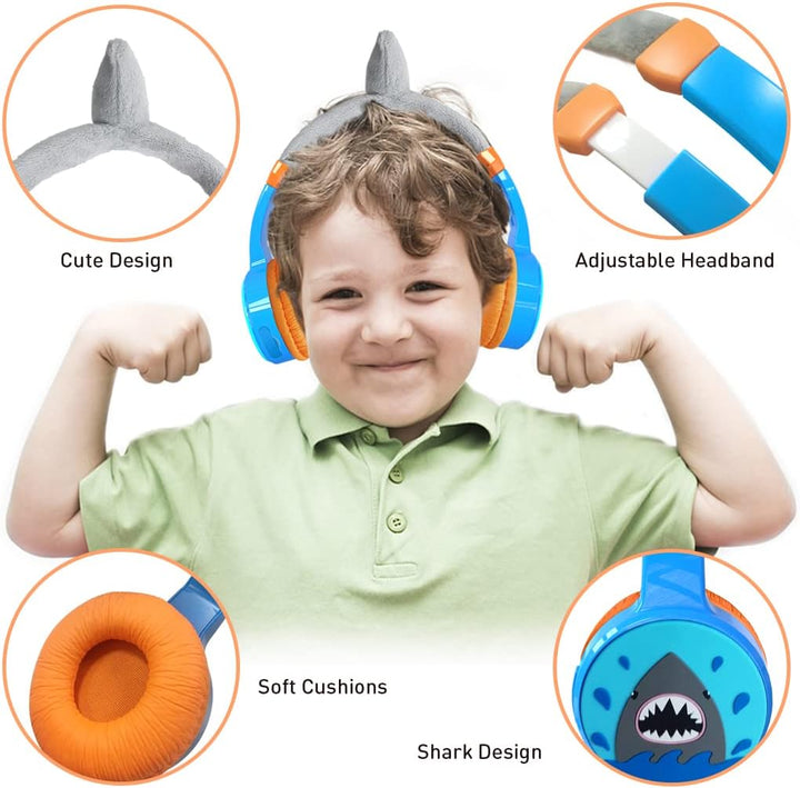 Bluetooth Kopfhörer Kinder, Shark Kinder Kopfhörer mit Kabel, Mikrofon, 85dB Lautstärkebegrenzung, 3