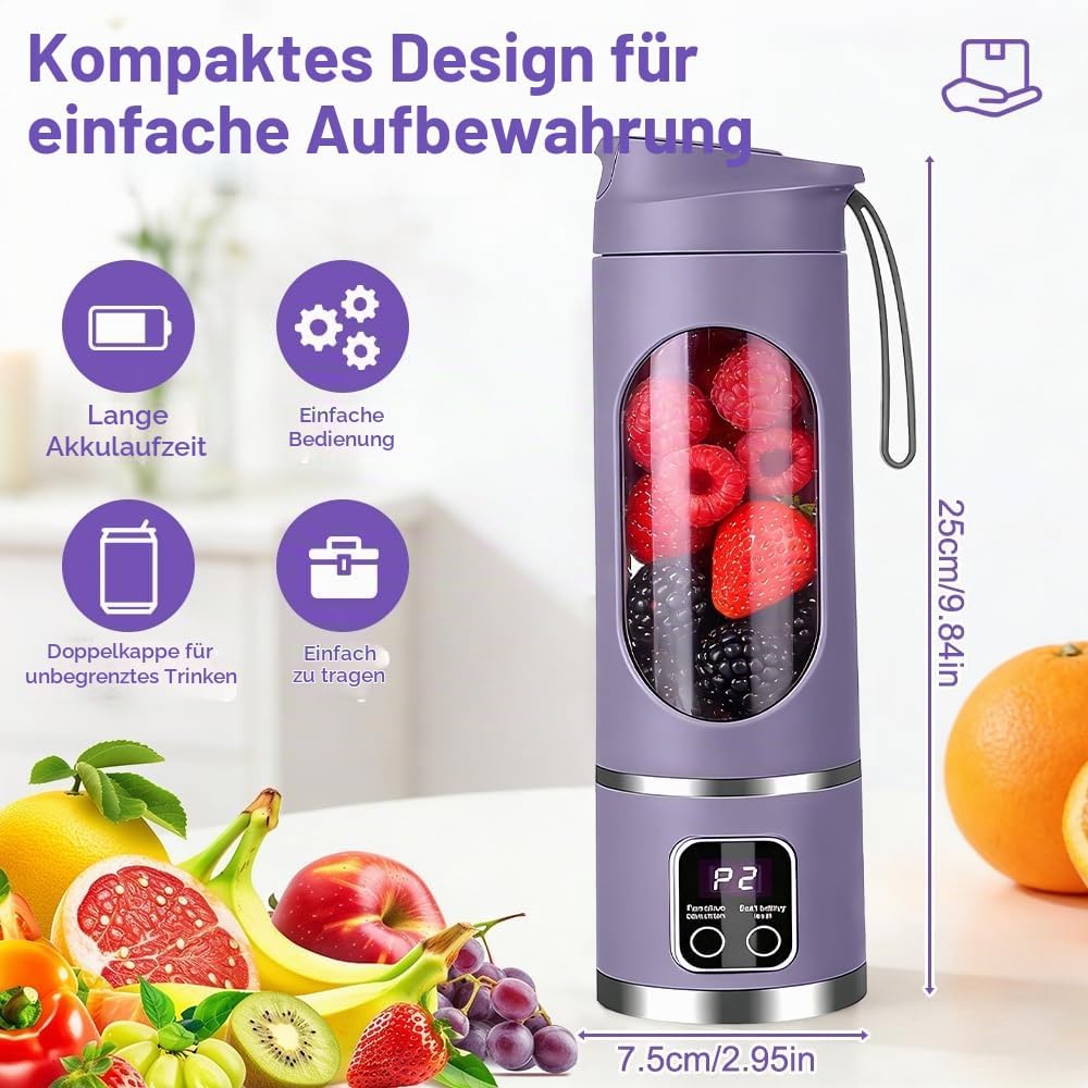 Tragbarer Mixer Smoothie Maker, 450ml USB Mini Mixer to Go mit Digitalanzeige, 12-Klingen Portable B