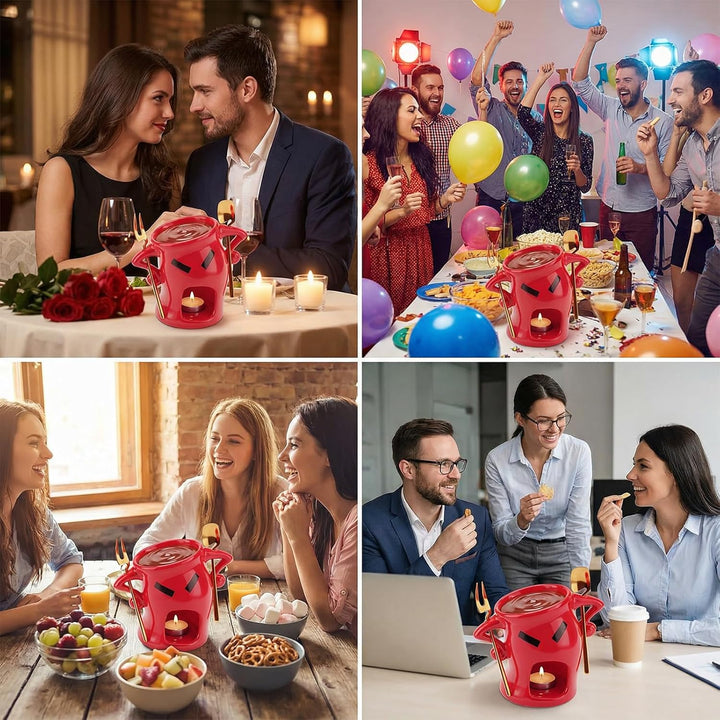 Schokofondue Tasse - Keramik Schokoladenfondue Set mit Löffel und Gabel, Einzigartiges Design mit Ha