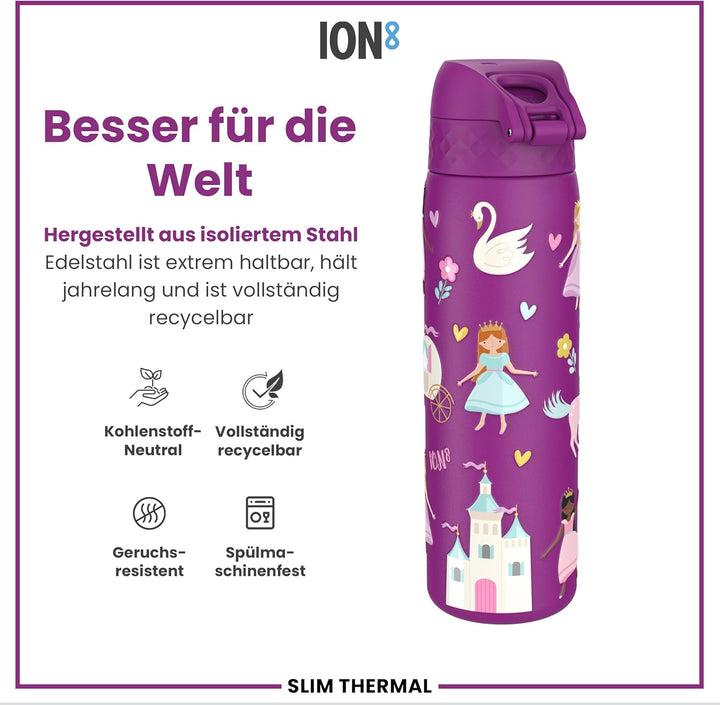 ion8 Vakuumisolierte Edelstahl-Trinkflasche, 500 ml, Auslaufsicher, Einhandöffnung, Sichere Verriege