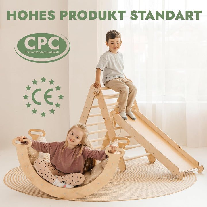 Goodevas 5-in-1 Montessori Klettergerüst Set: Indoor Kletterdreieck, Kletterbogen mit Kissen, Klette