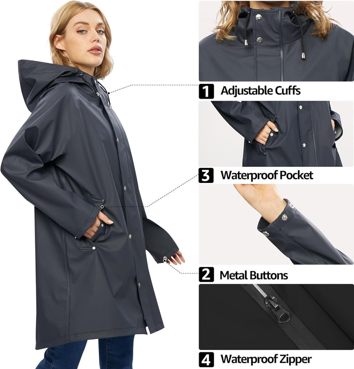 UNIQUEBELLA Regenjacke Damen Wasserdicht Regenmantel Mit Kapuze Winddicht Wetterfest Übergangsjacke