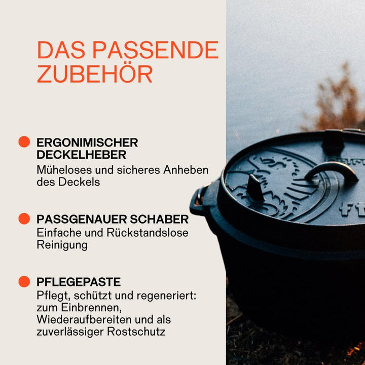 Petromax Feuertopf ft4,5 Set Einsteiger – bestehend aus Feuertopf ft4,5, Deckelheber, Schaber, Pfleg