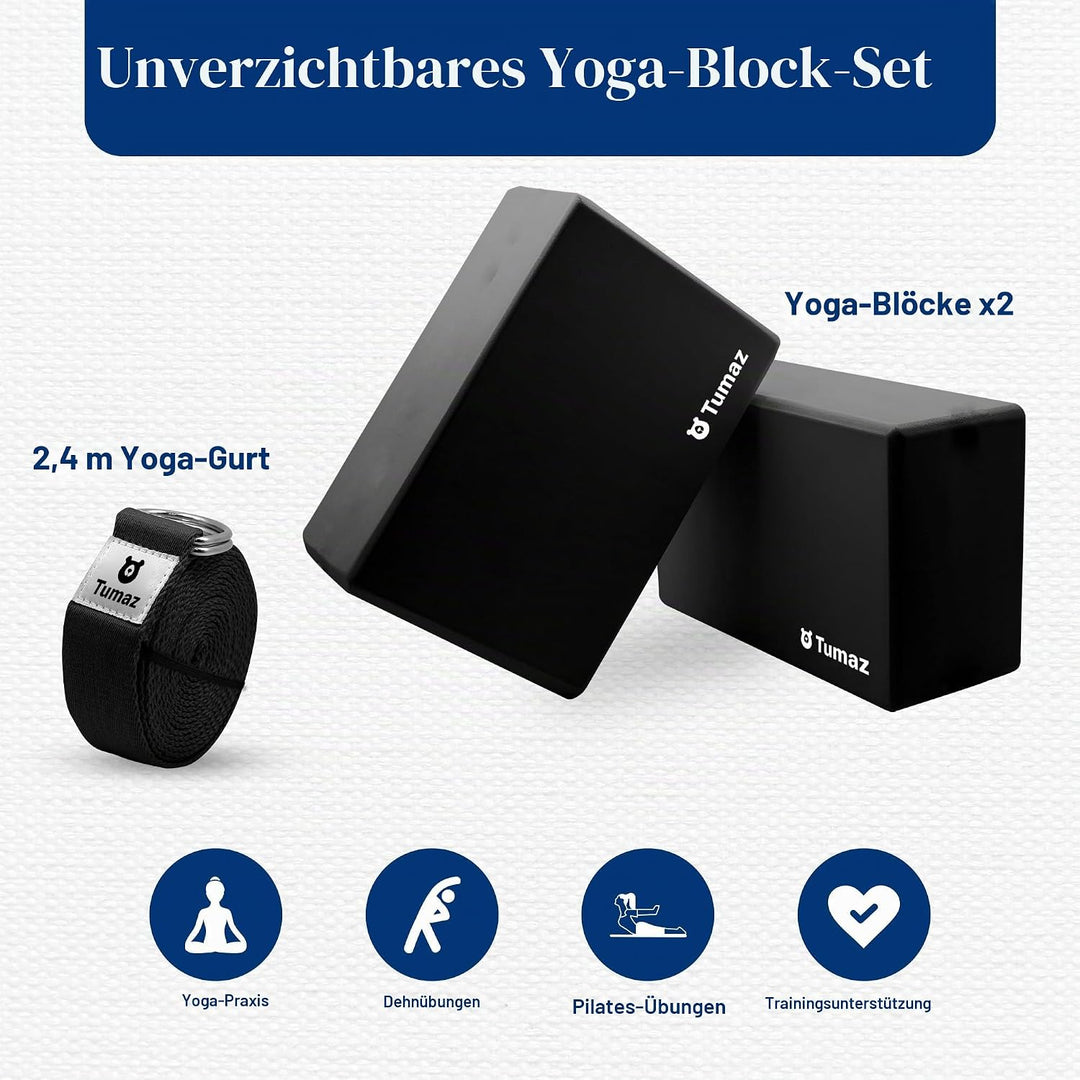 Tumaz Yoga Block 2er Set mit Yoga Gurt [240 cm] - Yoga Blöcke Eva-Schaum mit hoher Dichte und gering