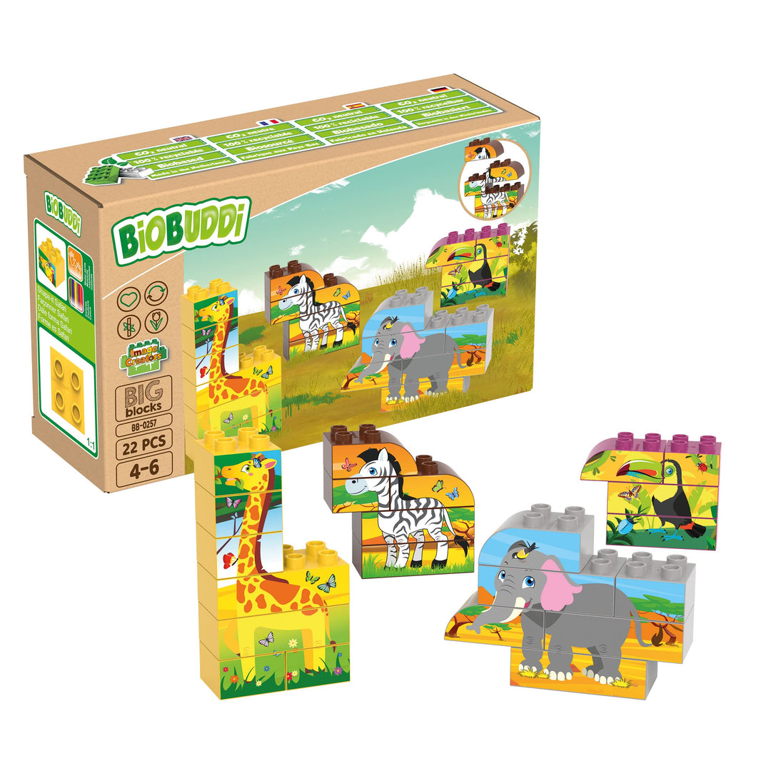 BIOBUDDI Puzzle | 8 Verschiedene Tiere: Giraffe, Elefant, Tukan, Zebra, UVM., 21 Teile, 100% kompati