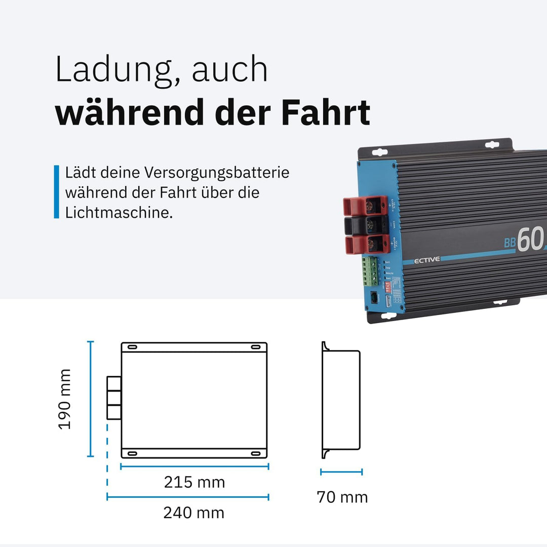 ECTIVE - BB 60 Ladebooster 60A 12V auf 12V - kompaktes DC-DC Ladegerät für AGM/Gel/Nass/LiFePO4 - Ba