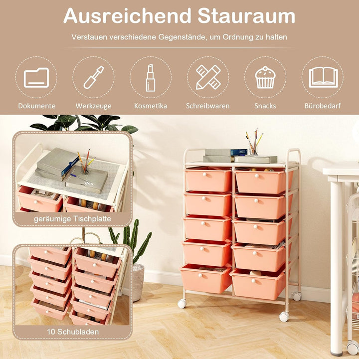 GOPLUS Rollwagen mit 10 Schubladen stapelbar, Schubladenwagen Rollcontainer mit Ablage & Metallgeste
