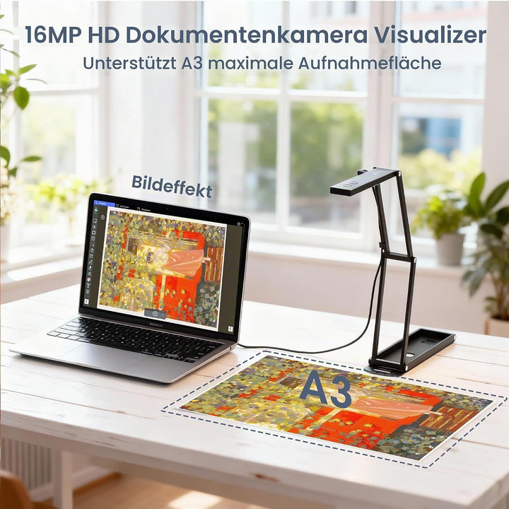 16MP USB Dokumentenkamera Visualizer: A3 Format 3-Stufen-LED OCR Autofokus Faltbar 4K Dokumenten Web