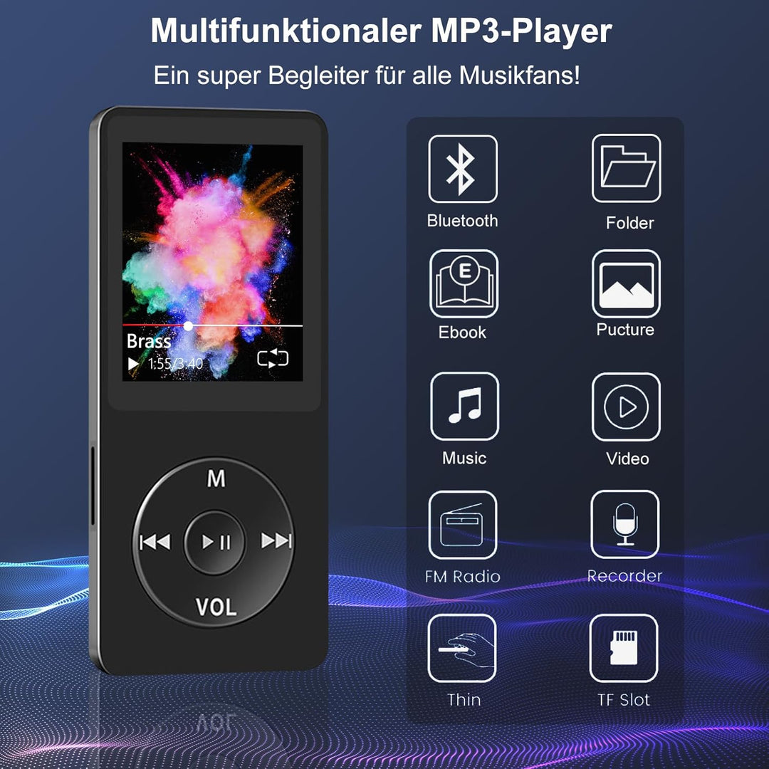 32GB MP3 Player Bluetooth mit 1.8" TFT Farbbildschirm mit Kopfhörer, HiFi Musik Player Kinder mit La