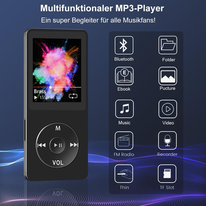 32GB MP3 Player Bluetooth mit 1.8" TFT Farbbildschirm mit Kopfhörer, HiFi Musik Player Kinder mit La