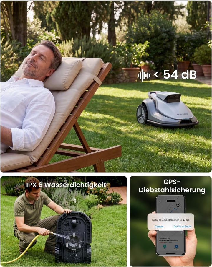 TerraMow V600 Mähroboter ohne Begrenzungskabel mit Garage, Tri-AI Vision-Technologie ohne Kabel-/RTK