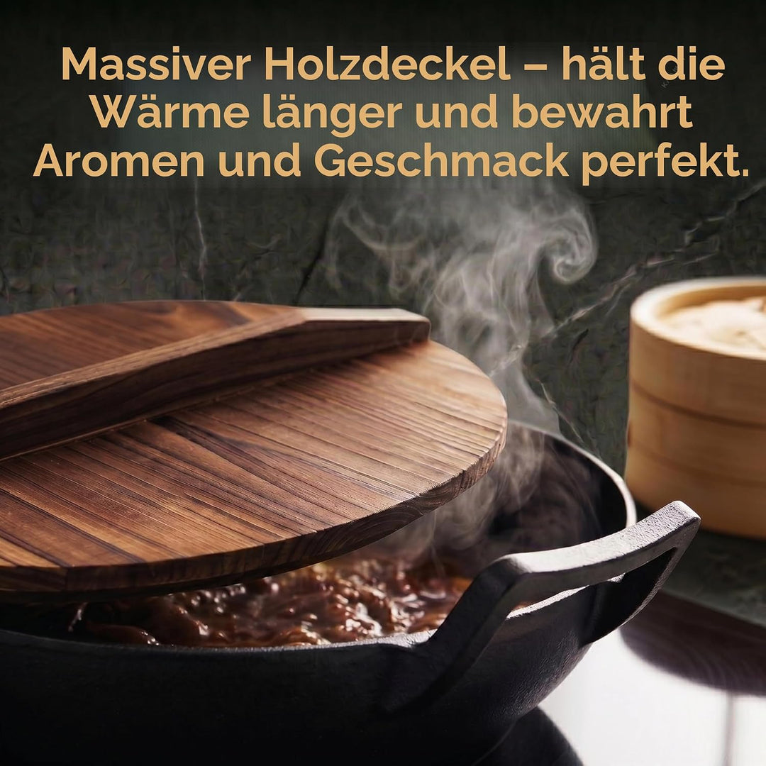 Wok Wadjan Professionell Ø36 aus Gusseisen – Mit Holzdeckel &amp; Bambus-Wokbürste – Für alle Wärmequell