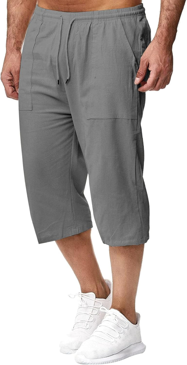 Remxi Herren-Shorts, 3/4-Leinen-Shorts, lockere Passform, Sommer, lässige Cargohose M Grau, M Grau