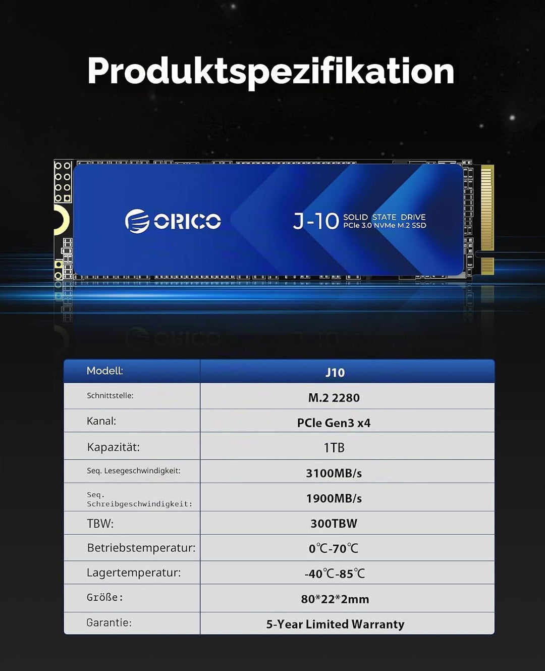 ORICO NVMe M.2 SSD 1TB PCIe Gen3.0x4, bis zu 3100 MB/s, 3D NAND Interne SSD mit Kühlkörper, Internes