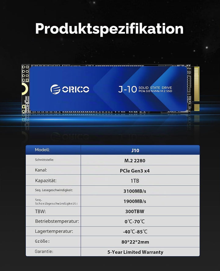 ORICO NVMe M.2 SSD 1TB PCIe Gen3.0x4, bis zu 3100 MB/s, 3D NAND Interne SSD mit Kühlkörper, Internes