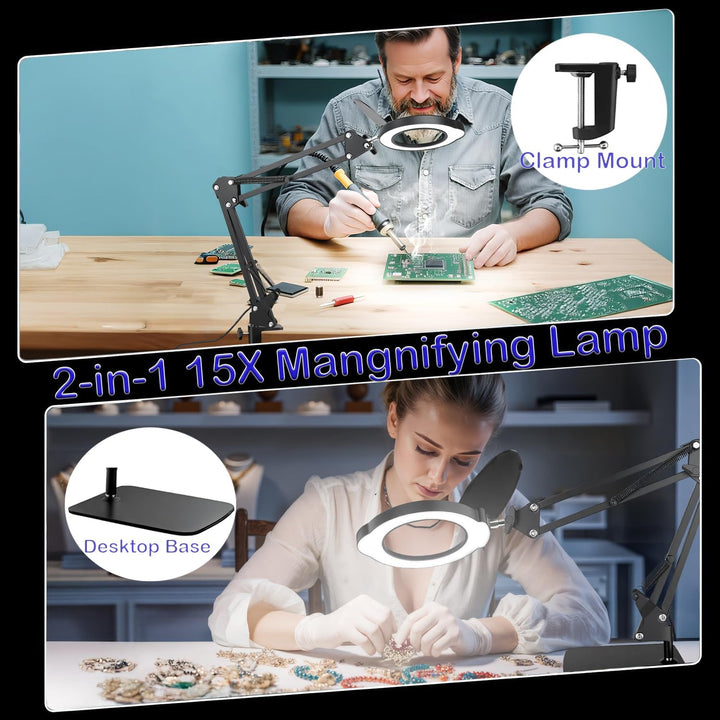 15X Magnifying Glass with Light and Clamp, LED Magnifying Lamp with Base, 5 Color Modes & 10 Brightn
