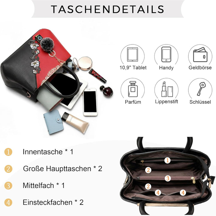 VARLIVOO Handtasche Damen Mittelgross Elegant Taschen mit Blumenstickerei Leader PU Henkeltasche Fra