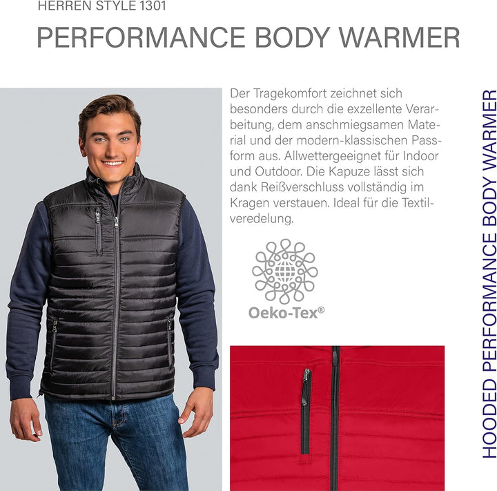 HRM Herren Hooded Performance Body Warmer I Fair Trade Outdoor Weste, 100 g/m² I Aus 100% leichtem &