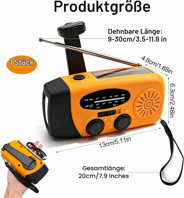 Notfall Kurbel Radio mit Solar 3 leistungsstarken LED Taschenlampe 2000mAh Akku Solar Batterie Power