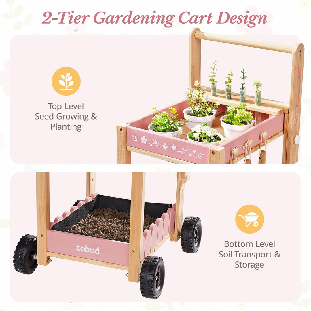 ROBUD Gartenwerkzeug Kinder mit Holzwagen, Gartenset mit Giesskanne, Schaufel, Handrechen, Pflanztöp