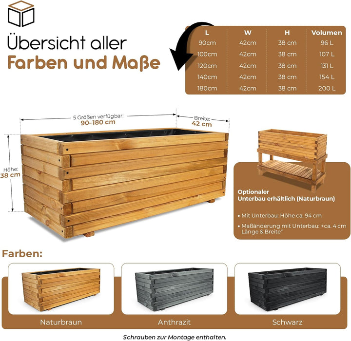 BooGardi Pflanzkasten aus Holz · in 10 Grössen · 90cm · Blumenkasten · Hochbeet · Garten Balkon Terr