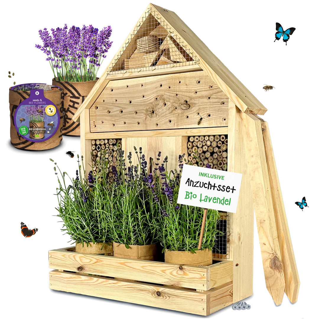 GARTENETAGE Stehendes Insektenhotel XXL mit Pflanzenoase Lavendel - inkl. Anzuchtset/Naturbelassenes